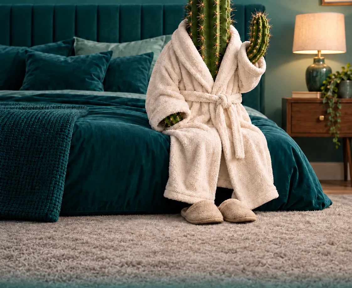 A cactus in a fluffy bathrobe and slippers sitting on the edge of a teal bed, waving