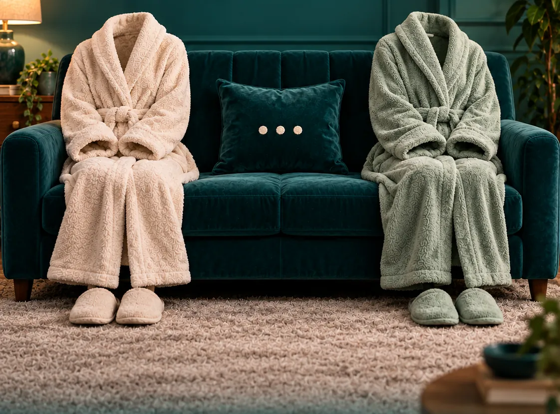 Two empty bathrobes sitting apart on a teal sofa, with a cushion showing three dots between them