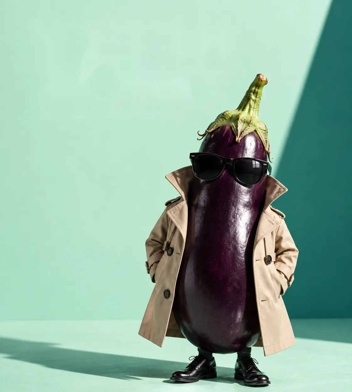 An aubergine wearing sunglasses and a beige trench coat, standing in soft sunlight