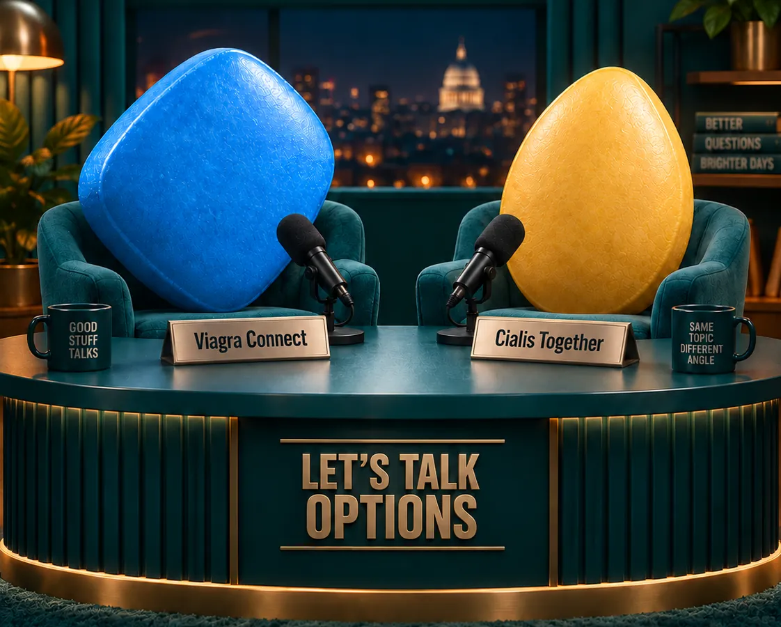 A blue tablet and an amber tablet sit in armchairs at a talk-show desk, name plates reading Viagra Connect and Cialis Together