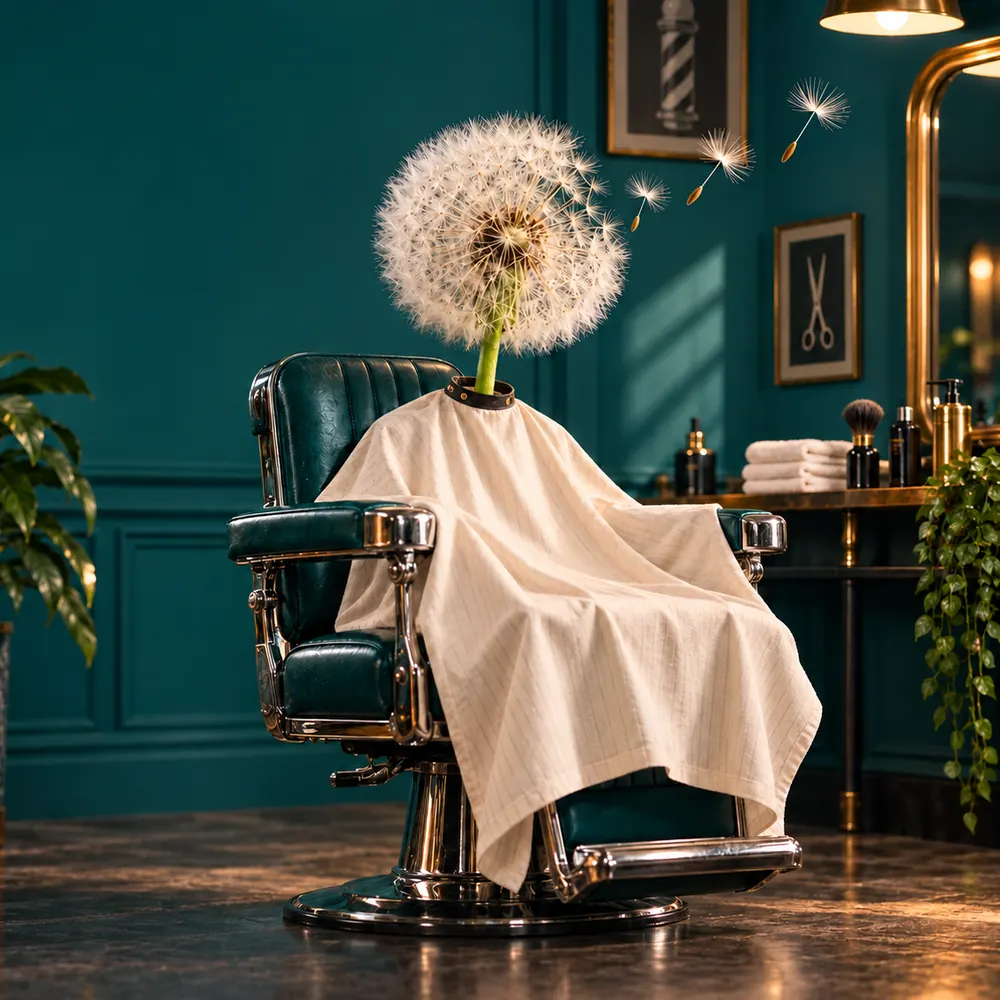 A dandelion seed head sitting in a vintage barber’s chair under a cutting cape, seeds drifting away