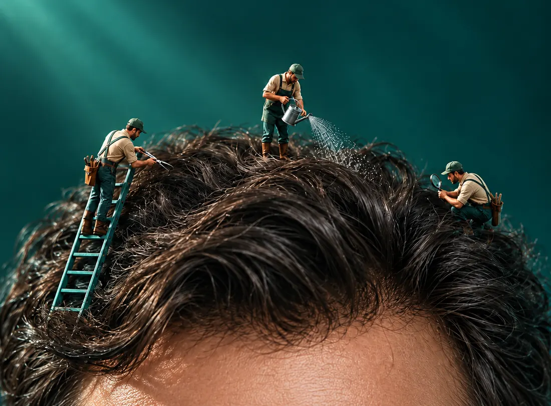 Miniature gardeners tending a full head of hair: one on a ladder trimming, one watering, one inspecting with a magnifying glass